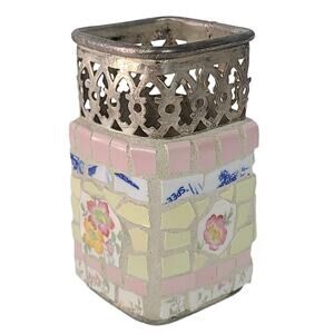 Handmade floral pastel broken china silverplate vase dated 12/10